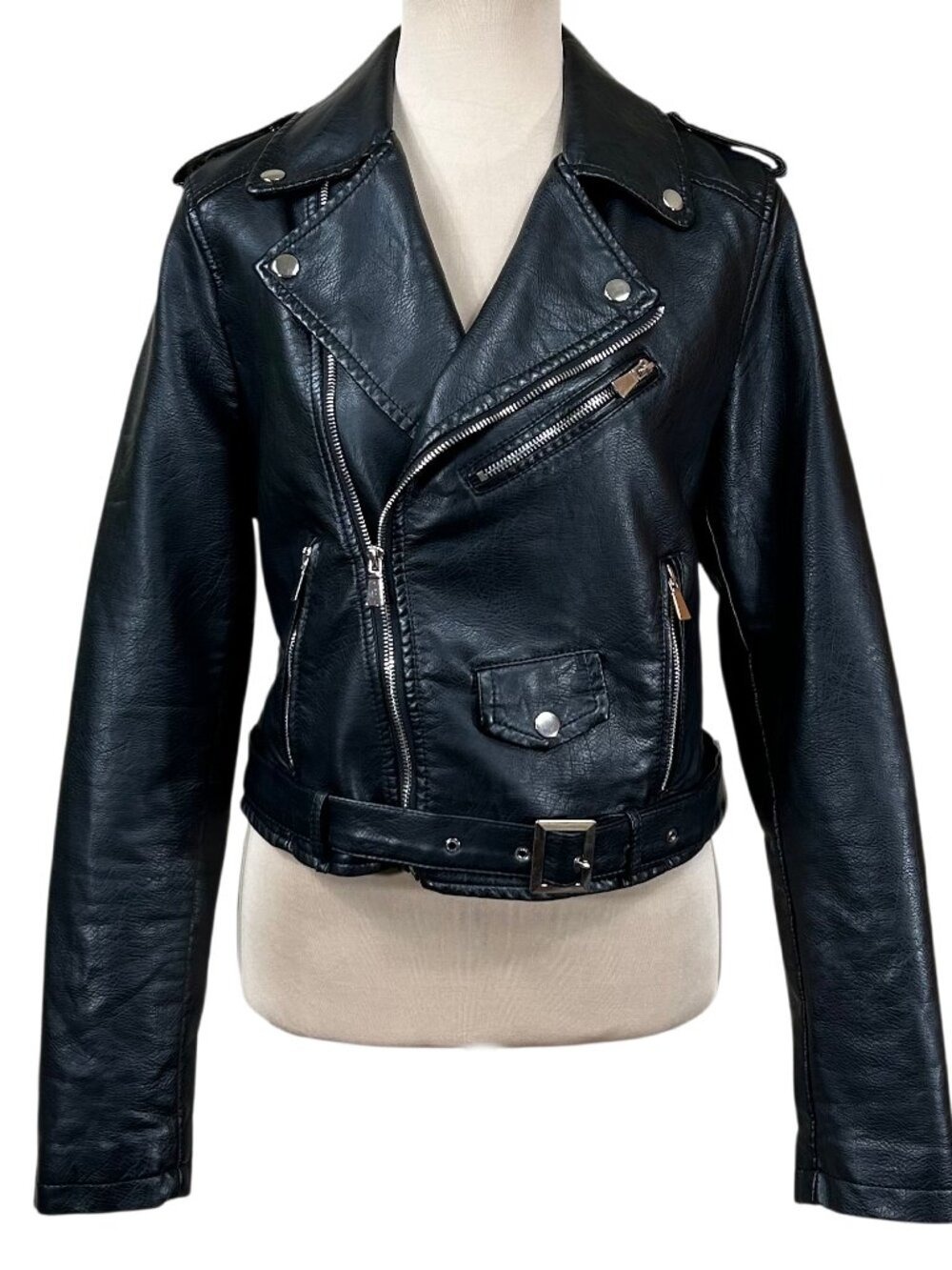 L'Olive Verte LBC Black Faux Leather Biker Moto Jacket Size M